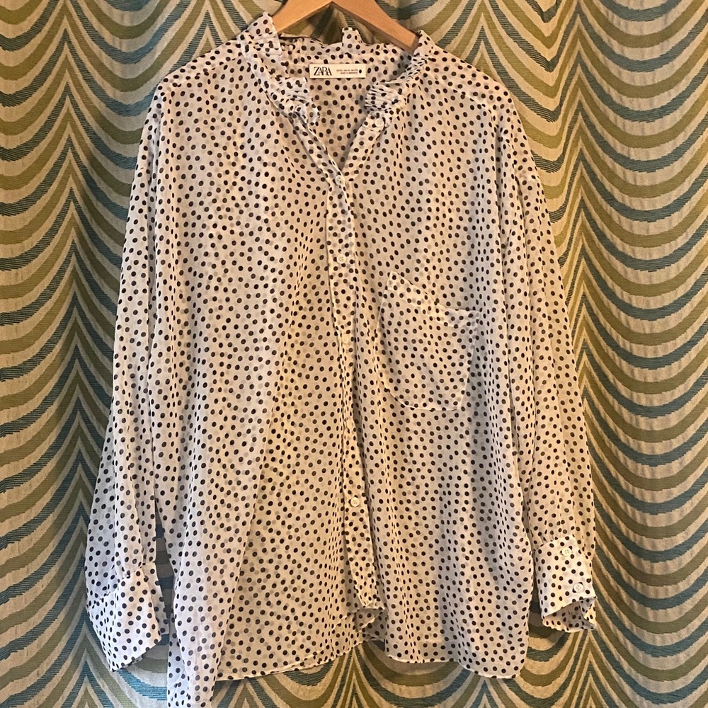 Zara Black and White Polka Dot Button Down Blouse XL